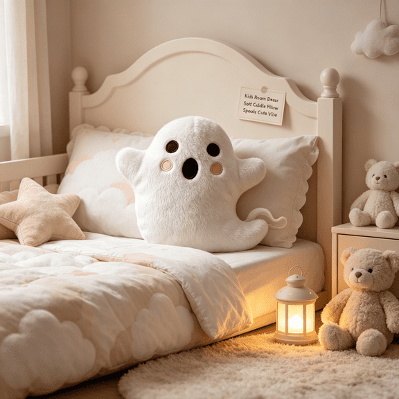 Cute Ghost Plush Stuffed Toy, Soft Fluffy White Ghost Throw Pillow with Blush Cheeks, Halloween Decor Plushies, Kawaii Ghost Stuffed Animal Gift for Kids Girls Bedroom Sofa Home Decor White