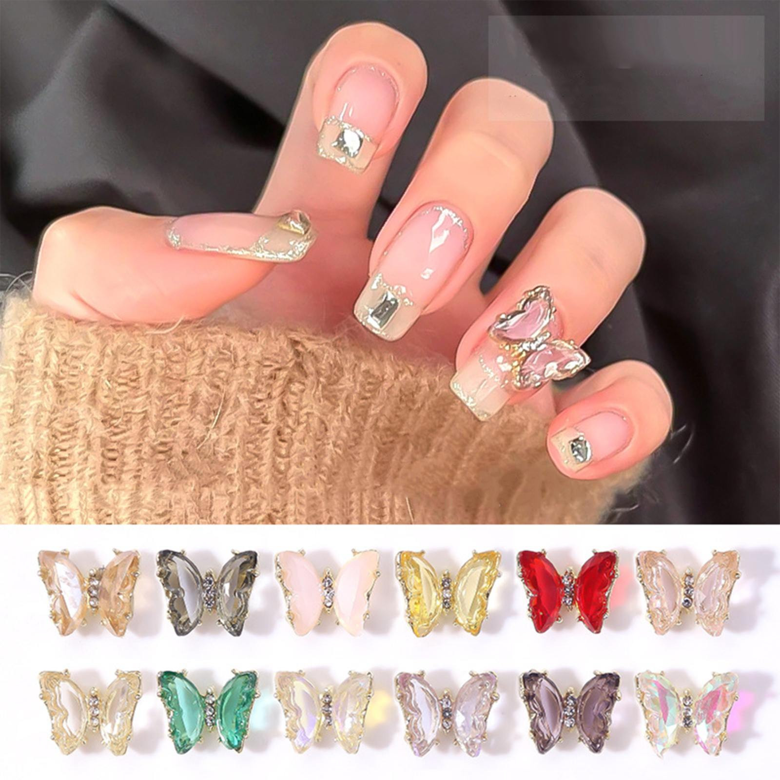 NKOOGH Press on Nail Sticky Tabs 10 Pieces 3D Nail Charms 3D Nail  Rhinestones Diamonds Glass AB Art Metal Gems Glitter Decor Nail Charms  Design Nail Accessories (Butterfly Style) 
