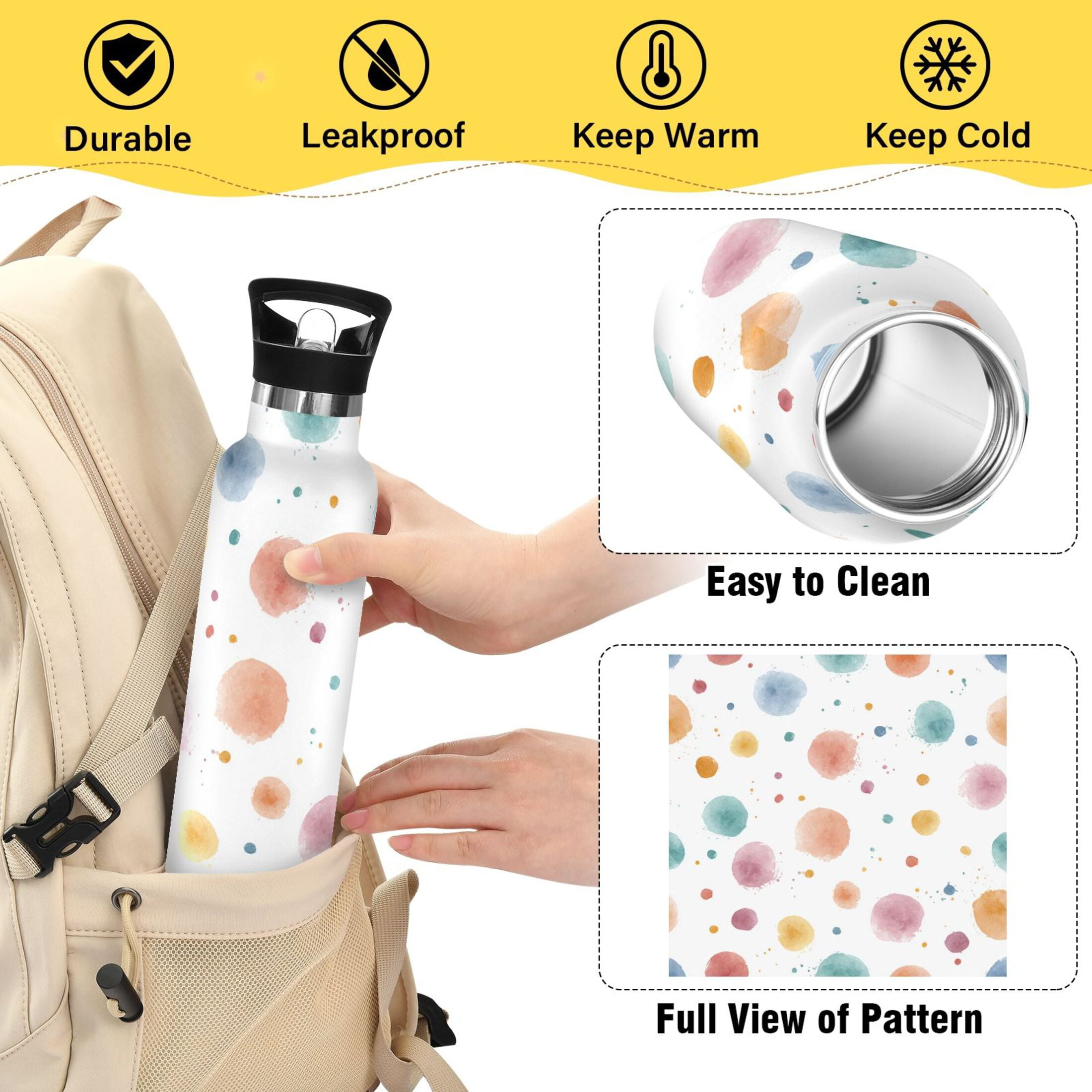 Kids Insulated Stainless Steel Sports Water Bottle 600ml (20oz) Small Watercolor Splashes and Dots