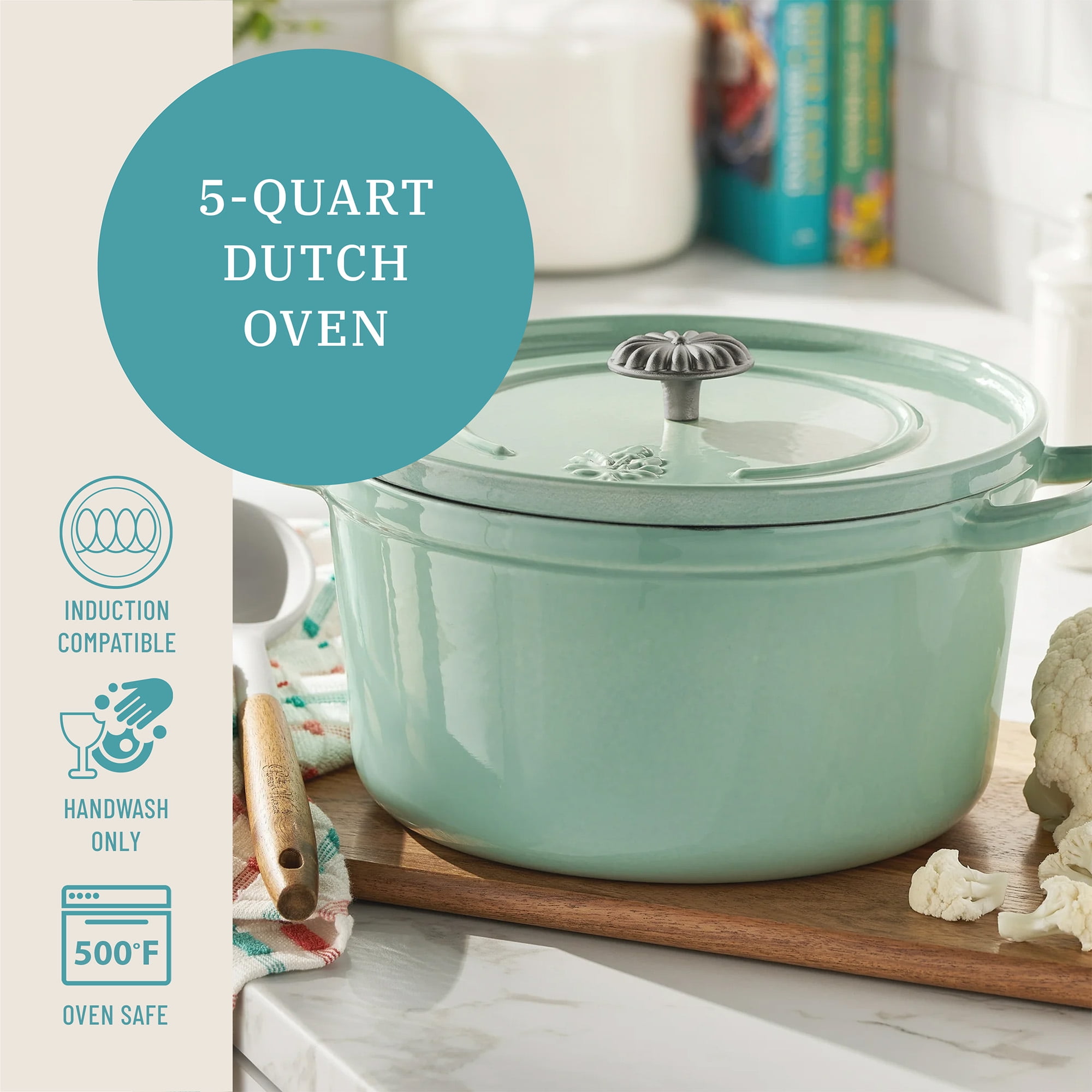 The Pioneer Woman 5-Quart Enameled Cast Iron Dutch Oven Pot with Lid, Green