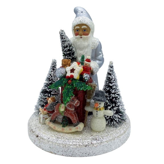 Alexander Taron 8.5" Vibrant Unique Santa in Silver Coat with Gifts Schaller Paper Mache Candy
