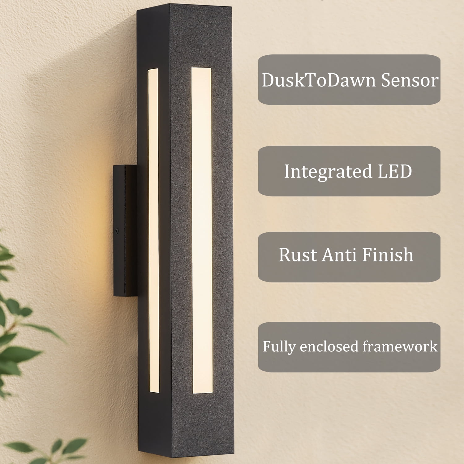 Outdoor Wall Light Dusk to Dawn, 20" Matte Black LED Waterproof, 2100 Lumens 3000K, 30W