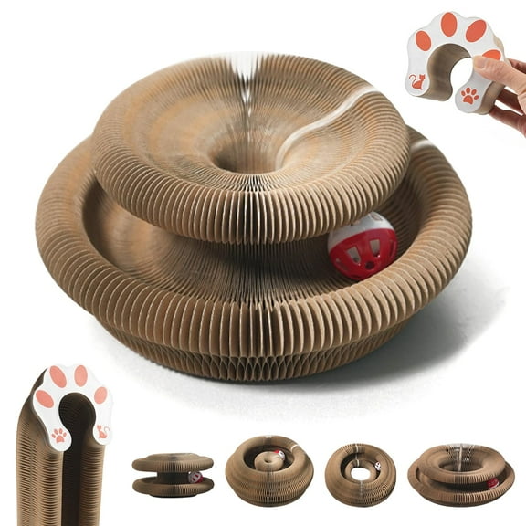 Kitty Kurlz Magic Organ Cat Toy, Foldable Infinity Style Cat Scratching Board Toy by Recycled Cardboard, Durable Interactive Accordion Toys with a Ball for Indoor Cats, Auburn