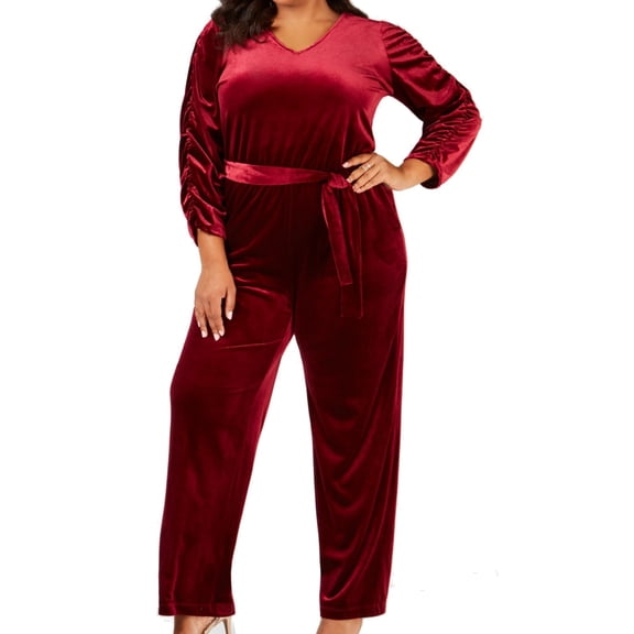 NY Collection Plus Size Belted Velvet Jumpsuit Burgundy 3XP