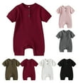 thumbnail image 4 of Newborn Baby Short Sleeve Jumpsuit Solid Color Knit Rib O Neck Button Romper, 4 of 7