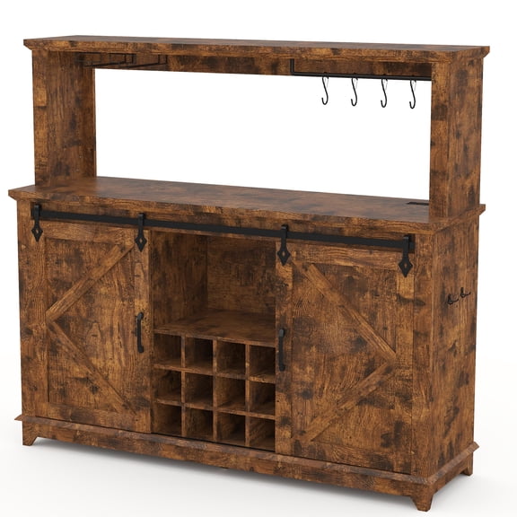 COZONY 55" Barn Door Wine Cabinet with Built-In Wine Rack, Freestanding Liquor Storage Cabinet for Dining Room, Living Room, Home Bar,Brown