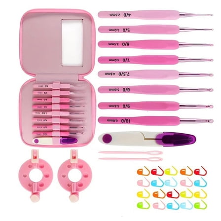 9Pcs Ergonomic Handle Aluminum Crochet Hook with Knitting Accessories and Case