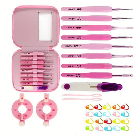9Pcs Ergonomic Handle Aluminum Crochet Hook with Knitting Accessories and Case