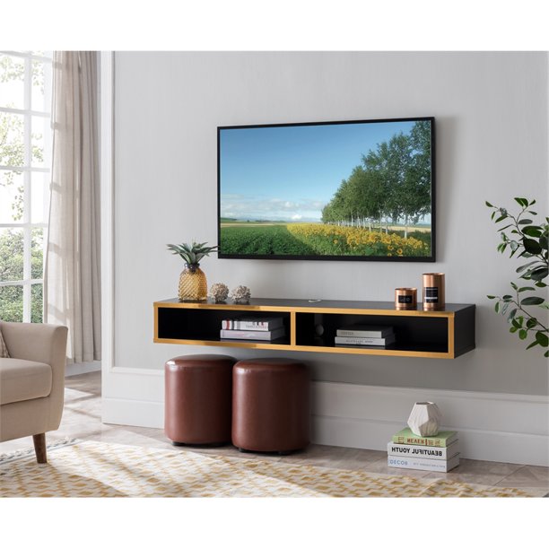Bowery Hill Wood Wall Mounted Floating Shelf 60" TV Stand Console in Black and Gold Walmart
