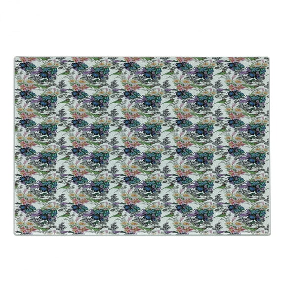 Tropical Cutting Board, Summer Flowers Exotic Hibiscus Plumeria Violet Birds Blossoms Jungle Hipster Motif, Decorative Tempered Glass Cutting and Serving Board, in 3 Sizes, by Ambesonne