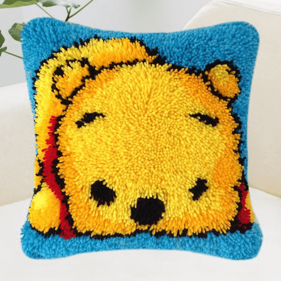 The Pooh Bear Latch Hook Pillow Kit - DIY Cross Stitch Cushion Cover with Printed Canvas, Beginner Friendly Embroidery Craft for Home Decor & Gifts