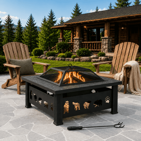 Seizeen Fire Pit, 32’’ Square Metal Wood Burning Fire Table for Outdoor, Diamond Pattern Firepit with Poker & Screen, Patio Backyard Garden Camping Warming Stove with Stone Tabletop