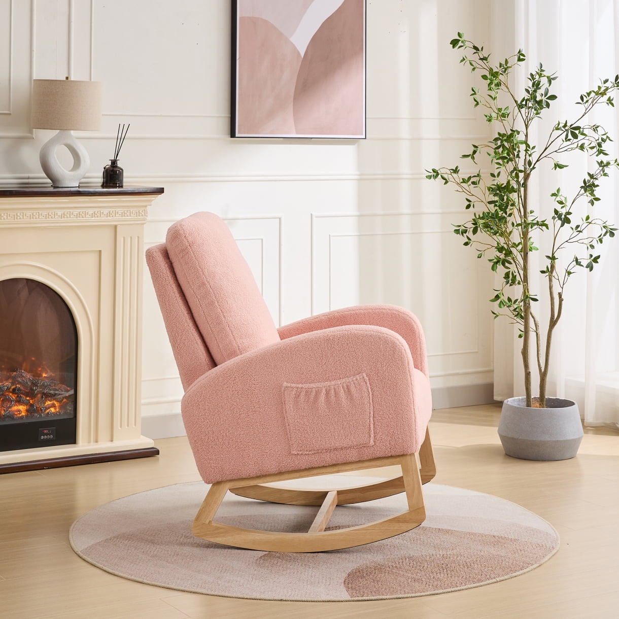 Sherpa Rocking Chair for Nursery with High Back and Side Pocket, 27.2 Inch Glider Accent Armchair with Rubber Wood Legs for Living Room or Bedroom, Pink