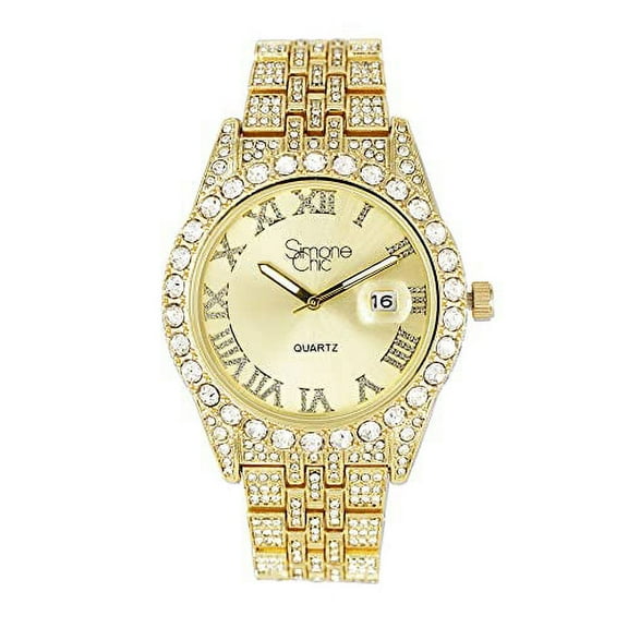 Simone Chic Fully Iced Out Diamond Watch for Women's w/Roman Numerals Easy Read Date and Colorful Dials- Designer Hip Hop Blinged Out Timepiece - ST10226RND-LA (ST10226RND-LA GLD)