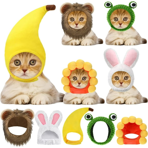 SURJDE 5 Pcs Cat Hat Adorable Costume Bunny Hat with Ears Funny Mane Cat Hat for Cats and Small Dogs Kitten Puppy Party Costume Accessory Headwear (Lion, Frog, Rabbit, Sunflower, Banana)