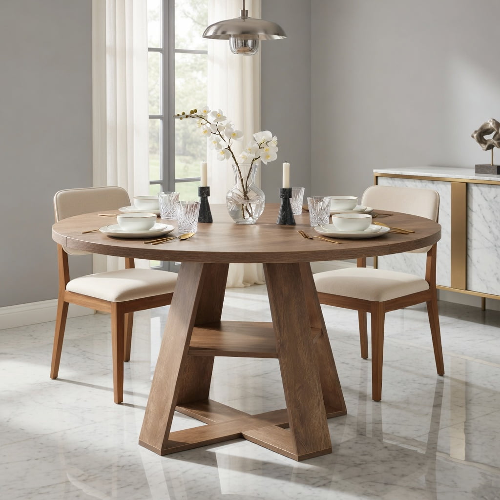 Hommoo 47.24 Inch Round Farmhouse Dining Table for 4-6 People, Kitchen Table with X-Cross Base & Built-in Storage Shelf, Walnut