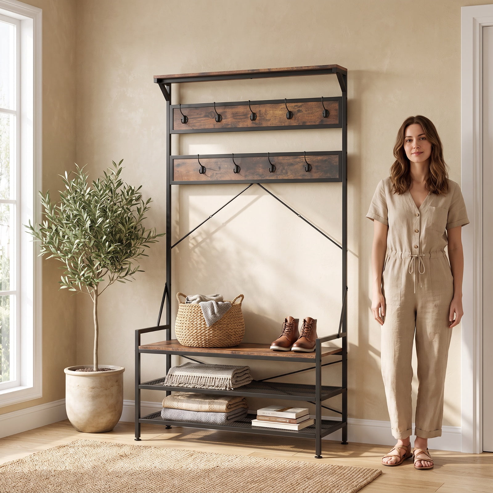 Furnibear 4 in 1 Hall Tree Coat Rack with 11 Hooks and Shoe Bench and Storage Shelf for Mudroom and Entryway, Rustic Brown