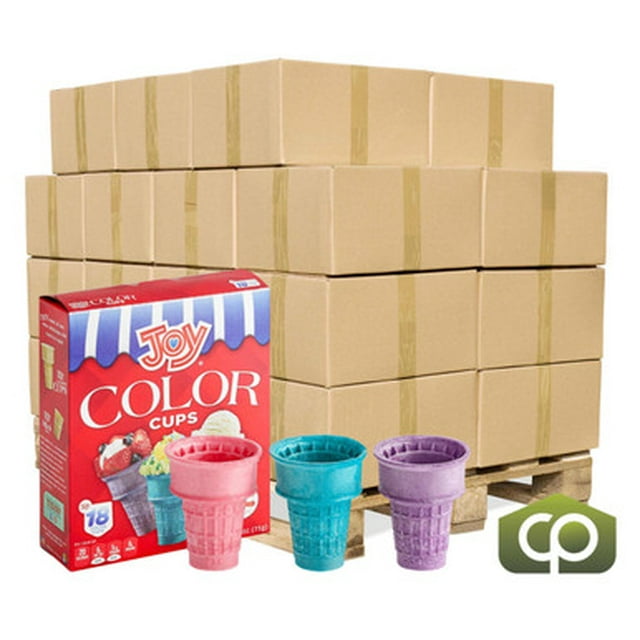 JOY Assorted Color Flat Bottom Cake Cones, Vibrantly Tinted Party Wafers, 216/Case (Full Pallet – 5,184 Cones Total)