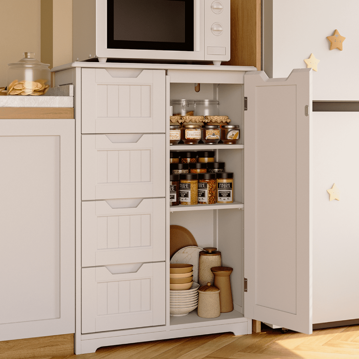 33'' Small Food Pantry Cabinet with Doors and Shelves, Noelse Wooden Kitchen Storage Cabinet with 4 Drawers for Kitchen Organization, White