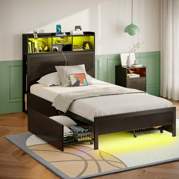 Greenstell Cadre de Lit Simple Infusé de Technologie - Design de Rangement Minimaliste Redéfinissant les Espaces de Chambre, Adulte, Noir