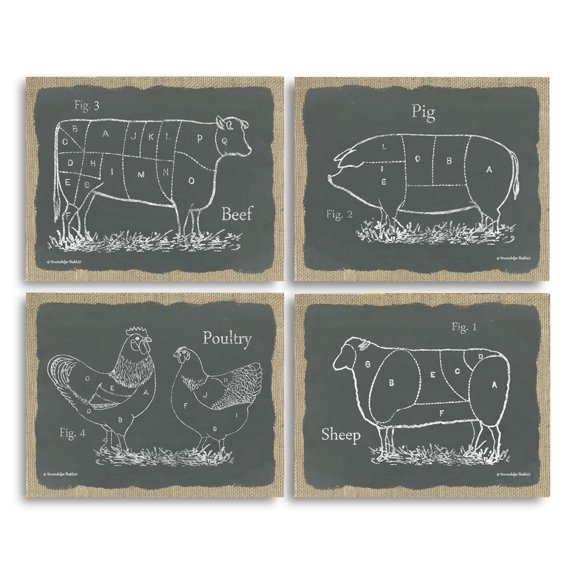 Gray and Brown Country Rustic Farm Cow, Pig, Lamb, Chicken Adult Kitchen Decor; 4 - 10" x 8" Unframed Posters