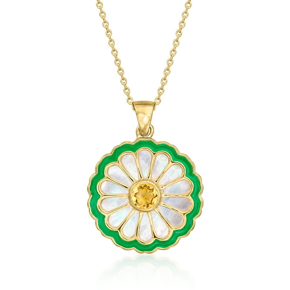 Ross-Simons Mother-Of Pearl and .50 Carat Citrine Flower Pendant Necklace With Green Enamel in 18kt Gold Over Sterling, Women's, Adult