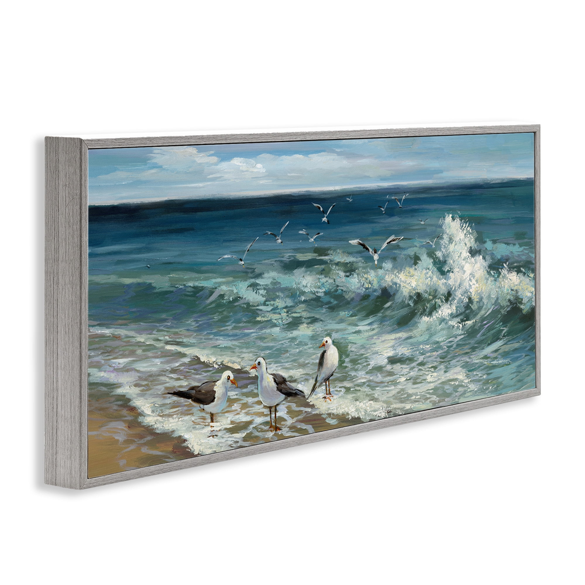 Stupell Industries Incoming Beach Tide Seagulls Nature Painting Gray Framed Art Print Wall Art, 30 x 13