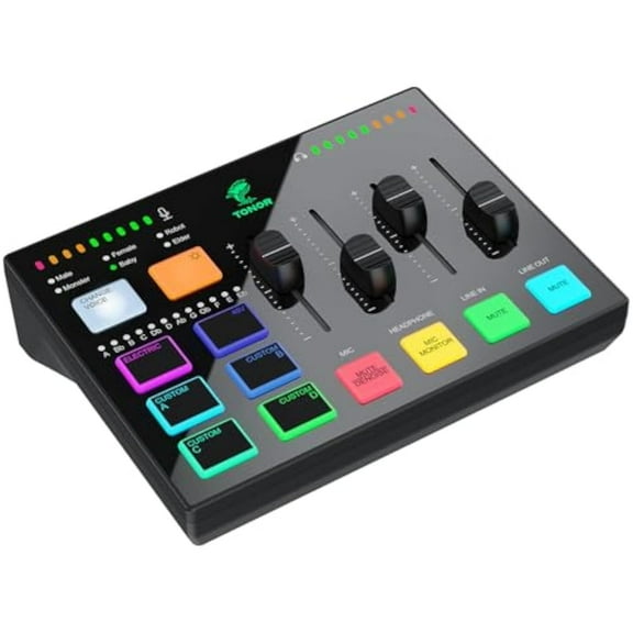 TONOR Gaming Audio Interface, RGB Audio Mixer with Pro-preamp, 6.5mm and XLR Channel, Support for Instrument Input, Independent Volume Controls, for Gaming, Live Streaming, Content Creating, TX310