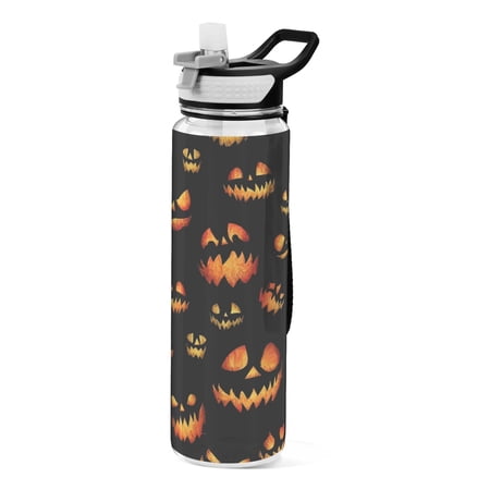 Devil Pumpkin Pattern Sport Water Bottle Tritan with Straw 1000ml Portable for Outdoor Daily Use
