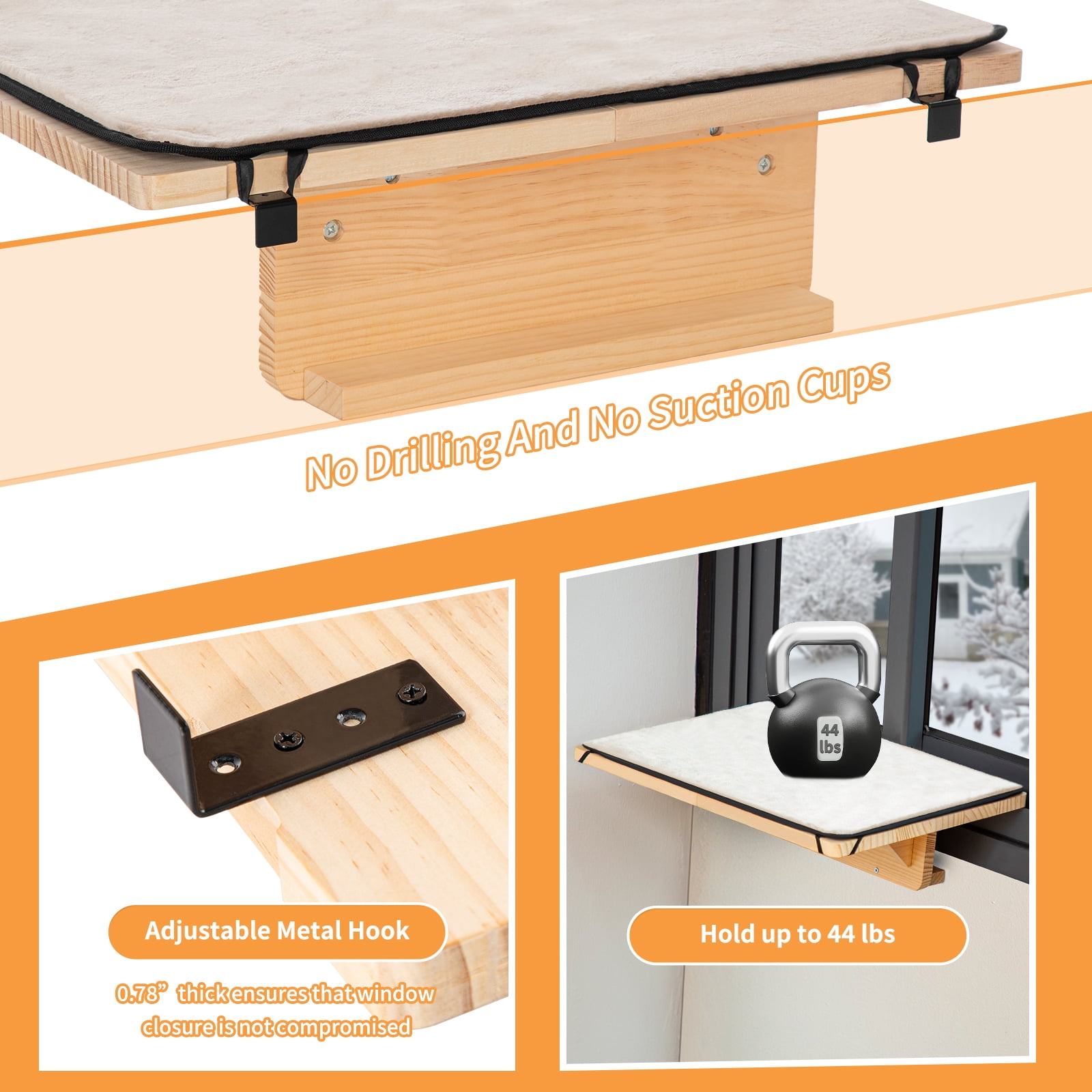 PETSFIT 2 Cats Design Window Perch, Cat Hammock Window Seat with Natural Wood &Removable Fleece Mat for Large Cats, Easy to Adjust&Assemble Cat Bed for Windowsill, Bedside and Drawer