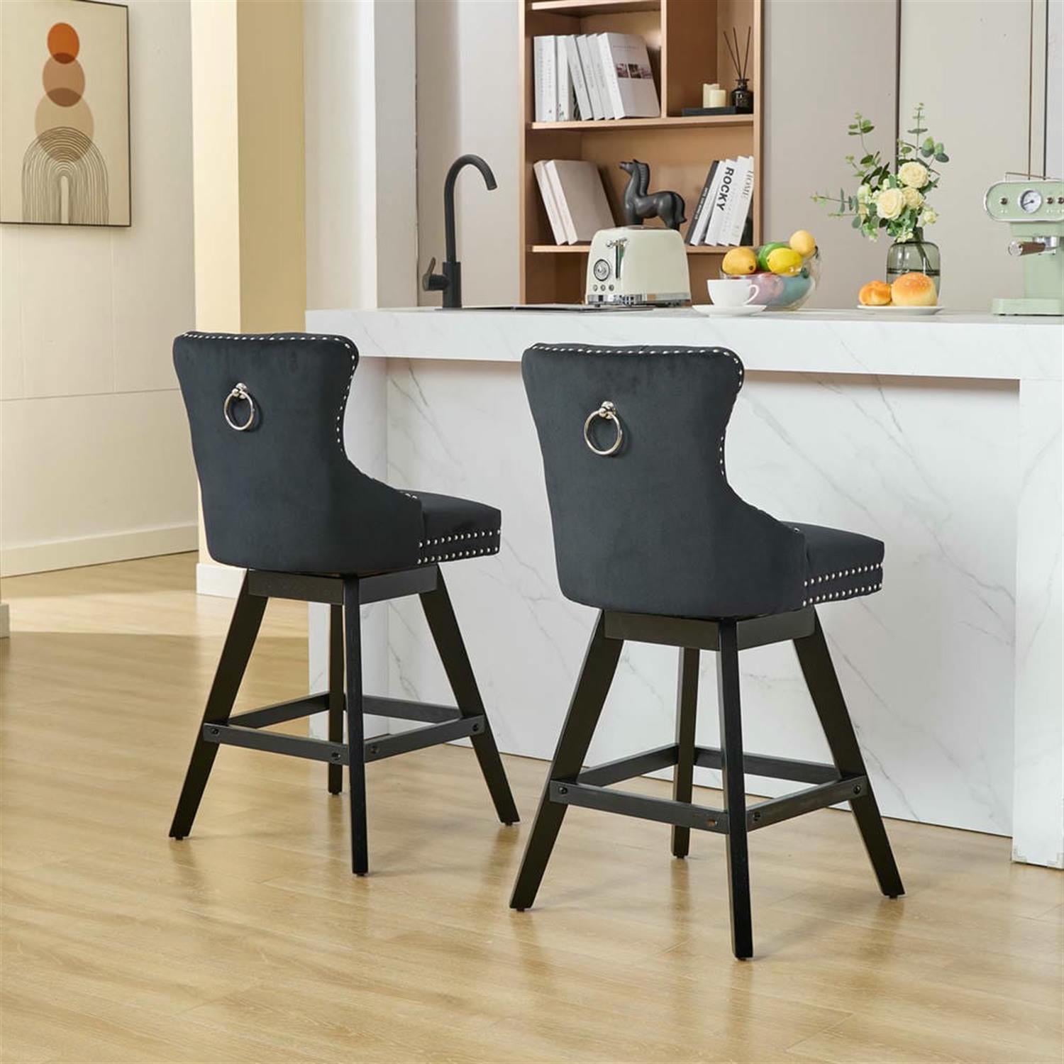 Demi Bonn 38" Counter Height Bar Stools Set of 2, Velvet Swivel Barstools with Button Tufted Back, Kitchen Island Countertop Chairs for Dining Room, Black