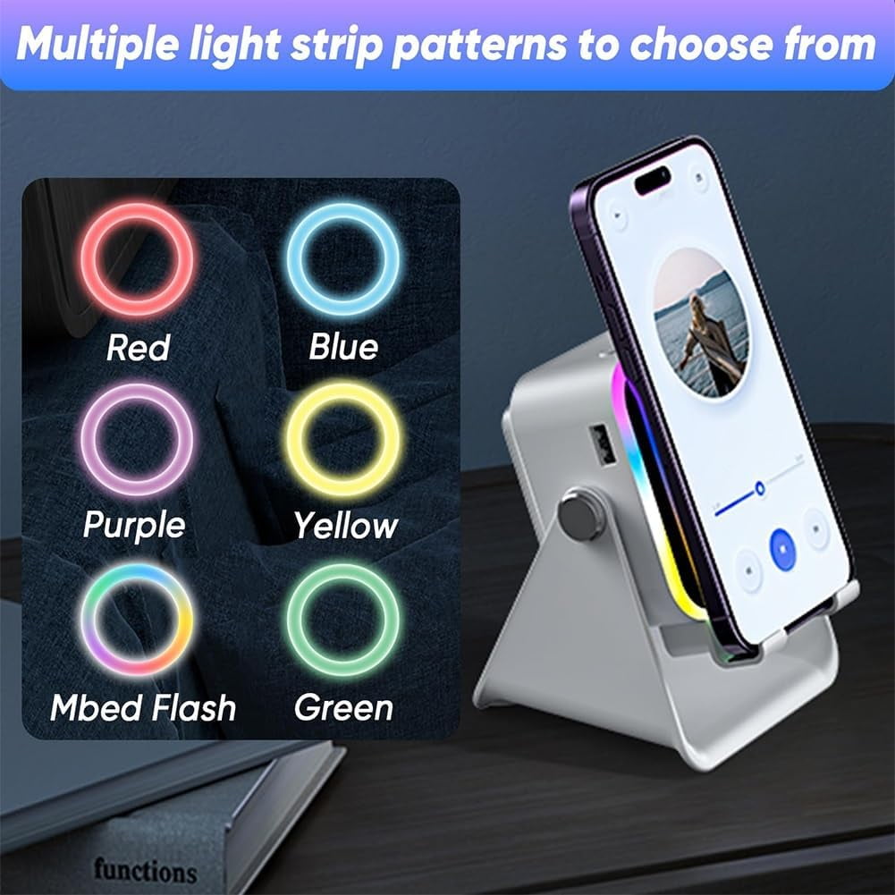 5-in-1 Wireless Induction Bluetooth Speaker with Adjustable Phone Stand, Ambient Light, Rechargeable Speakers Amplifier for iPhone, Home Mini Portable Holder Desktop, (Black*1)