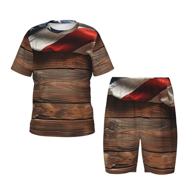 Balery Rustic American Flag Wood Conjunto de Pijama Infantil de Manga Corta con Estampado – Ropa de Dormir de Algodón Suave-Large