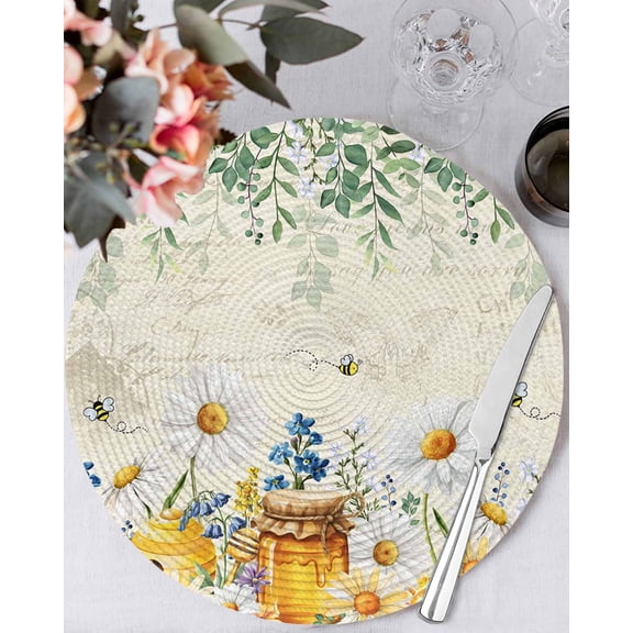 15 Inch Round Placemats Set of 4, Daisy Spring Floral Non Slip Heat Insulation PP Table Mats, Farmhouse Botanical Green Leaves Washable Place Mats for Kitchen Dining Party Table Decor