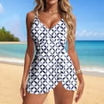 thumbnail image 5 of Xdegoge One Piece Swimsuit Women with Skirt Tummy Control V-Neck Shirred Front Geometric Print Swimdress Modest Beachwear Summer Vacation Pool Party, 5 of 9