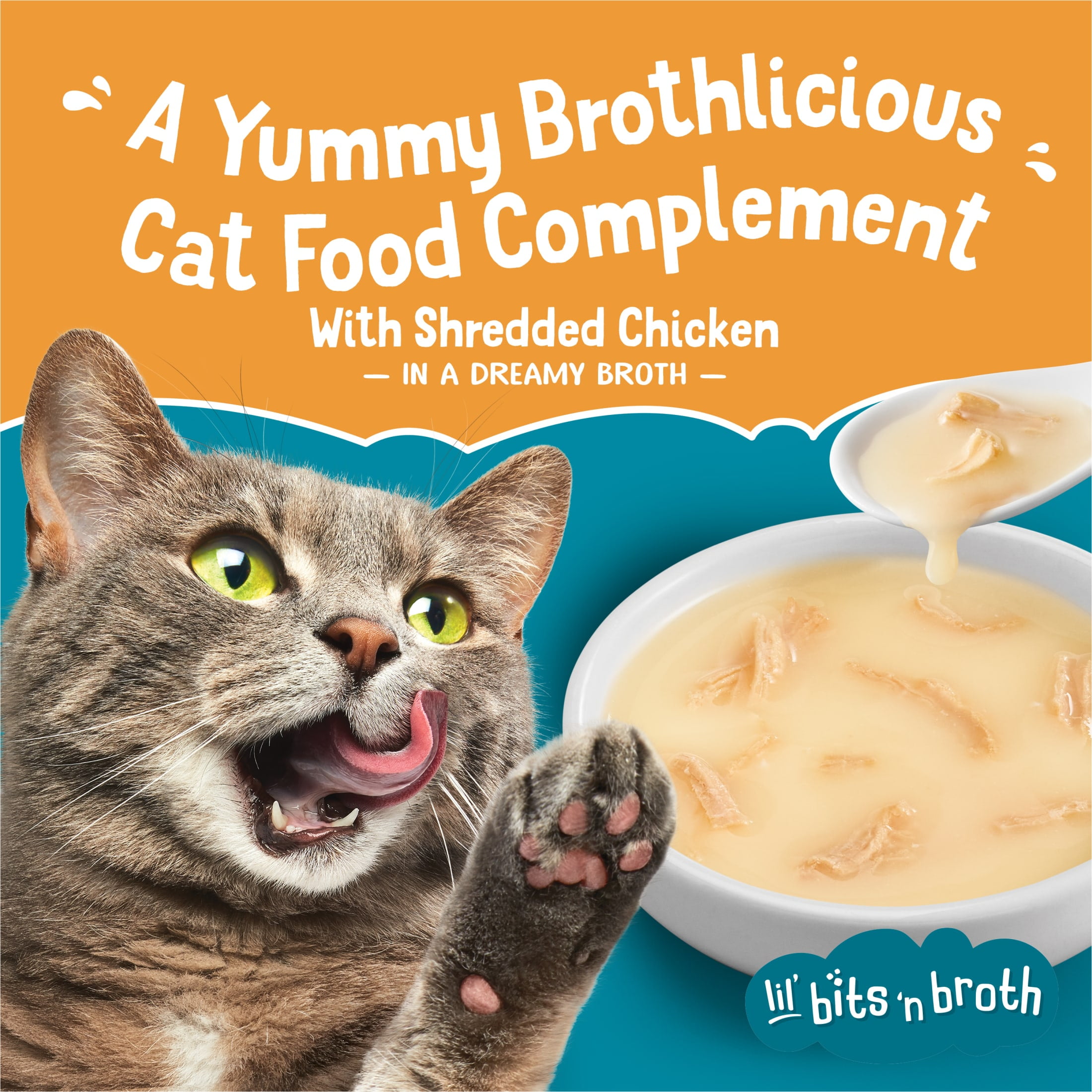 Purina Friskies Lickable Cat Treats Lil' Bits ‘n Broth with Shredded Chicken in a Dreamy Broth Cat Food Toppers, 1.2 oz Pouches, 16 Pack