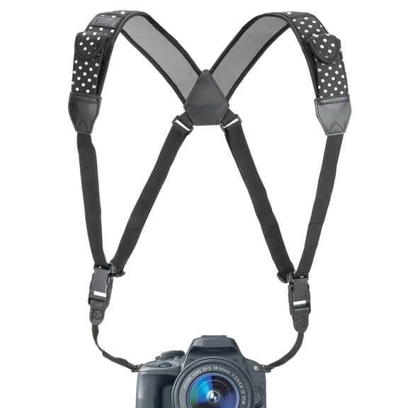 Camera Strap Chest Harness with Polka Dot Neoprene and Accessory Pockets by USA GEAR - Works with Canon , Nikon , Fujifilm , Sony , Panasonic and More DSLR , Point & Shoot , Mirrorless Cameras