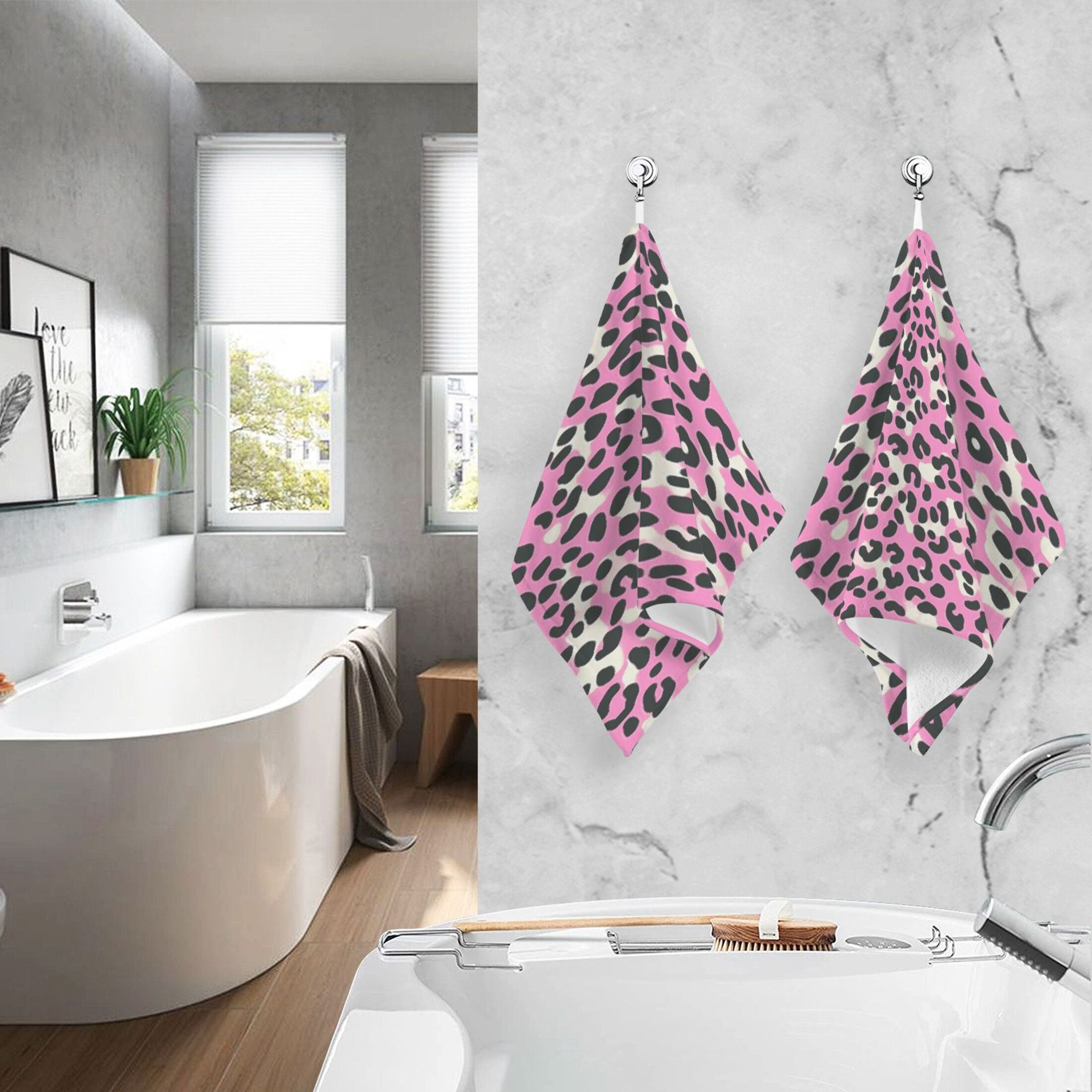 2 Pcs Absorbent Face Towel Bath Hand Towels Soft Breathable Cotton Towel Set for Bathroom Kitchen Hotel Spa Decor Pink and Black Leopard