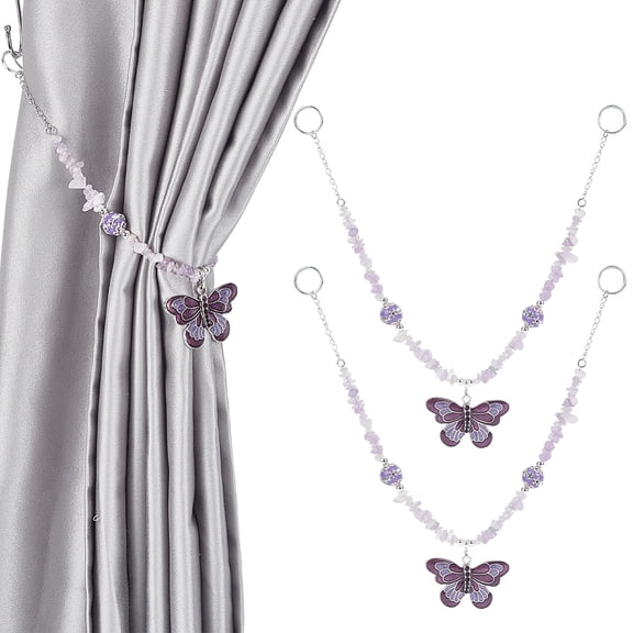 2Pcs Natural Amethyst Curtain Tiebacks Curtain Holdback Stone Ropes Curtain Tie Back Hooks with Alloy Enamel Butterfly and Iron Links