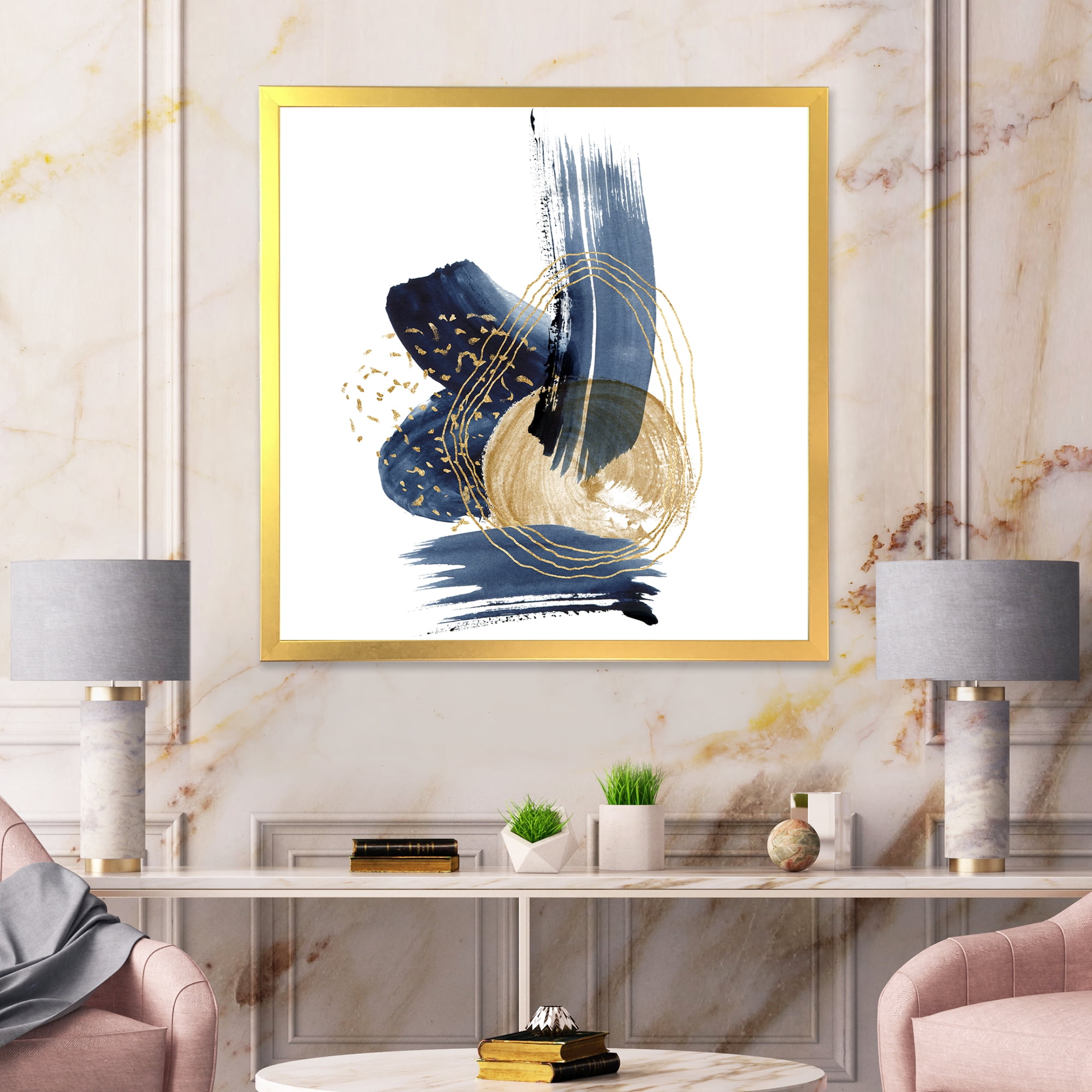 Designart 'Gold Strokes and Landscape of Dark Blue Mountains II' Modern Framed Art Print