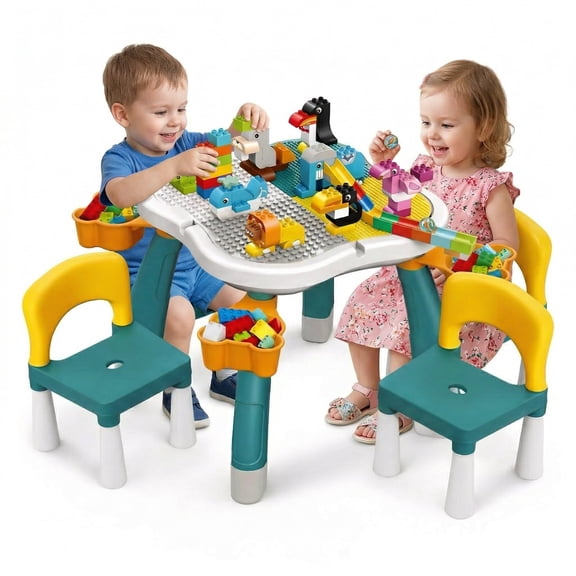 7-in-1 Toddler Activity Table Set with 2 Chairs 100 Large Building Blocks