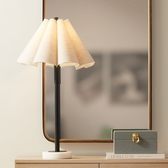 Possini Euro Design Raul 29 1/4" Tall Modern End 3-Way Table Lamp Black White Marble Single Beige Scalloped Shade Living Room Bedroom