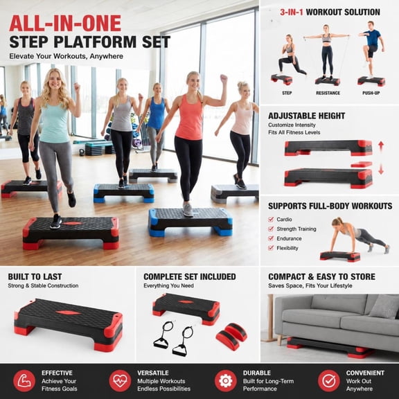 Aerobic Step Platform Set, with 2 stackable risers, balance trainers, and resistance bands for home workouts