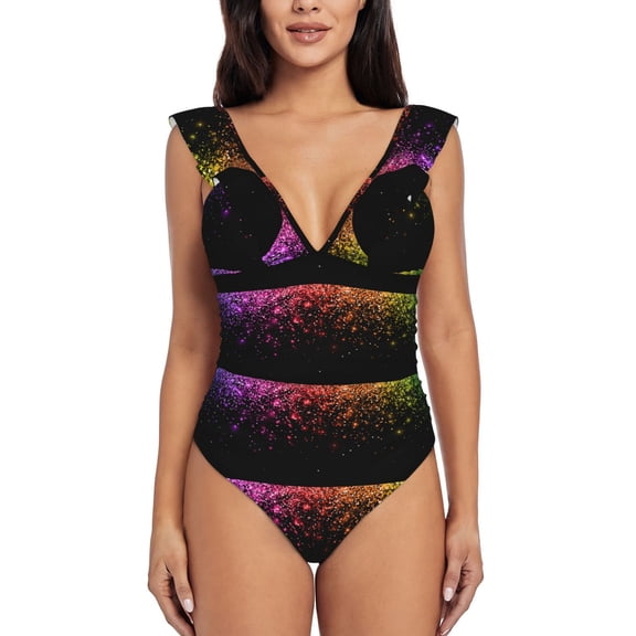 Picia Colorful Sparkling Blooming Jelly Womens Tummy Control Bathing Suits Slimming Ruffle Swimsuit One Piece Lace Swimwear-