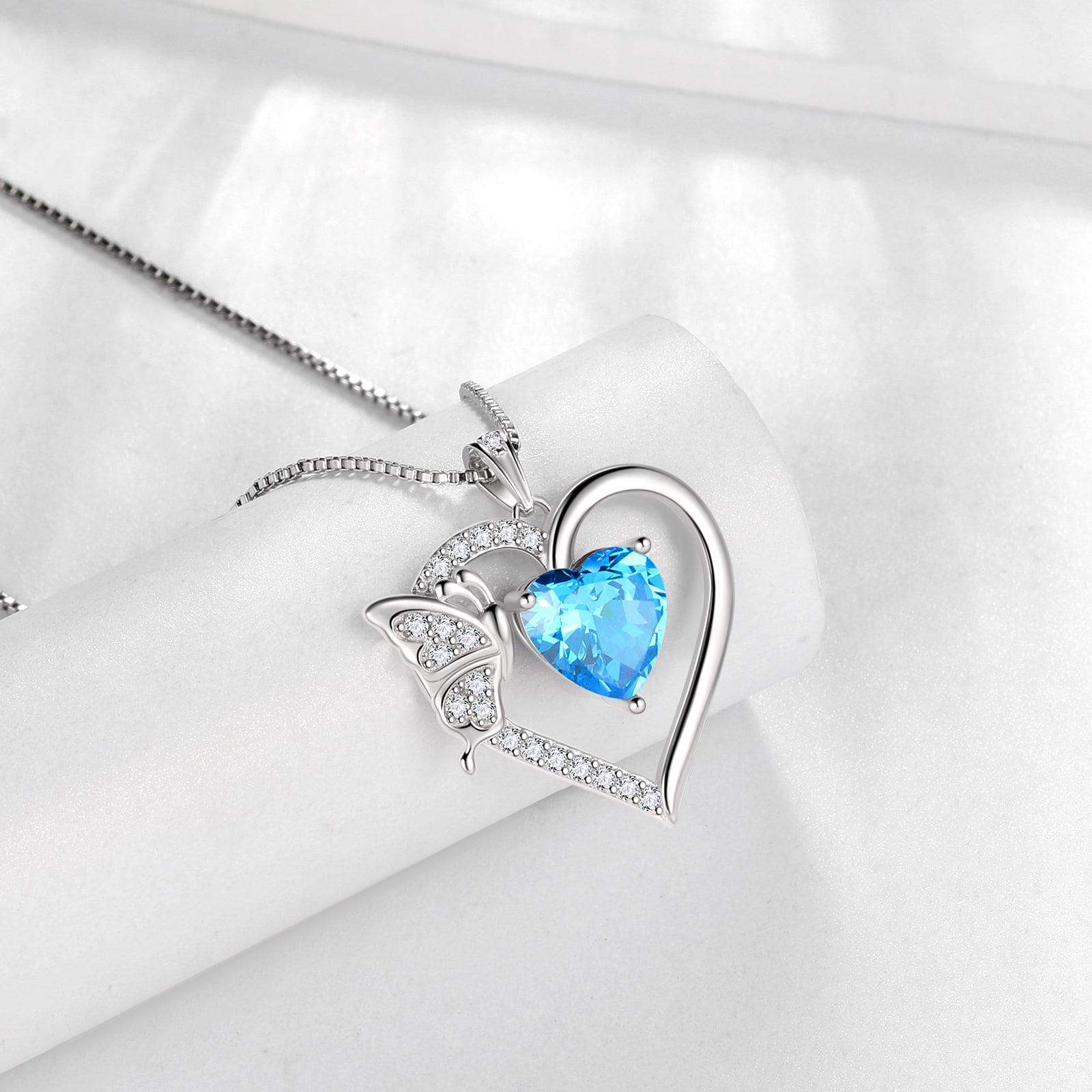 Blue Heart Necklace Butterfly March Birthstone Necklace Aquamarine 925 Sterling Silver Pendant Jewelry Women Christmas Birthday Mother's Day Gift