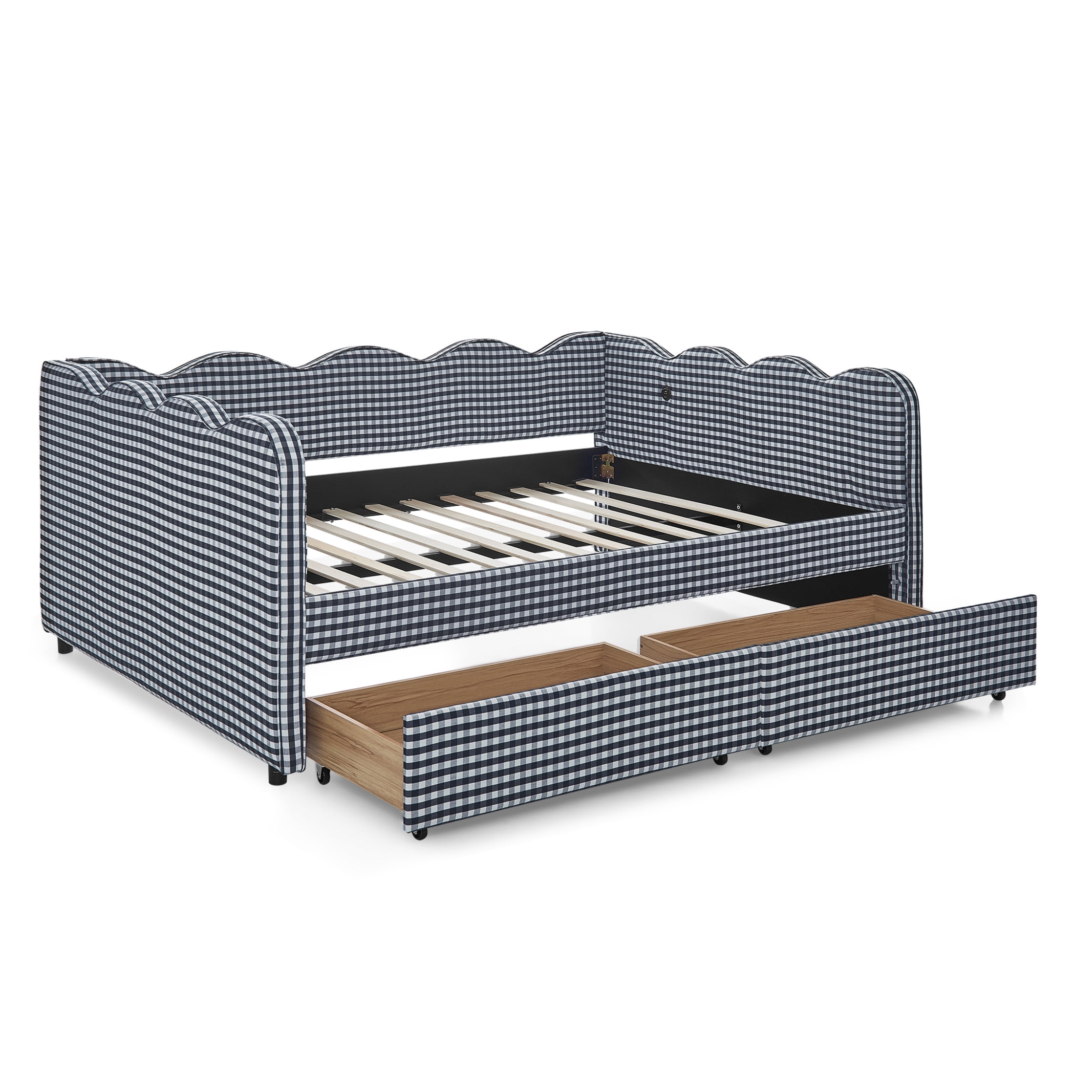 Noble House Corlan Full Size Waved Daybed, Cozy Gingham Linen Sofa Bed with Storage Drawers and Charging Port, Navy Blue