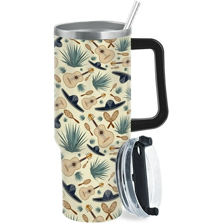 

40oz Guitar Tumbler with Handle & Straw Gym Camping Gift for Fathers Stainless Steel Travel Cup