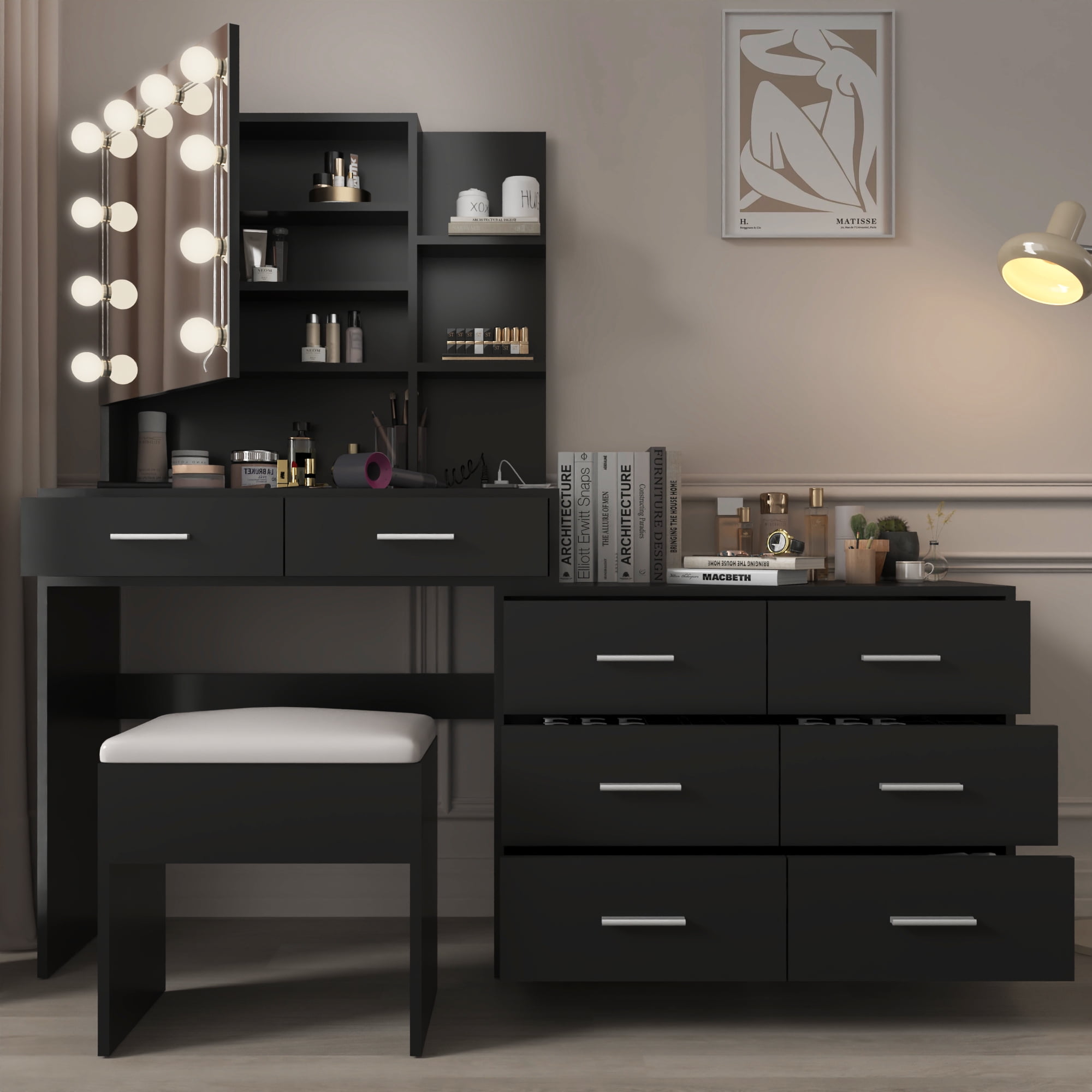 Ktaxon Makeup Vanity with 8 Drawers&Charging Station, Vanity Desk with 3 Color Light, Vanity Table Set w/ Drawer Dresser, Black