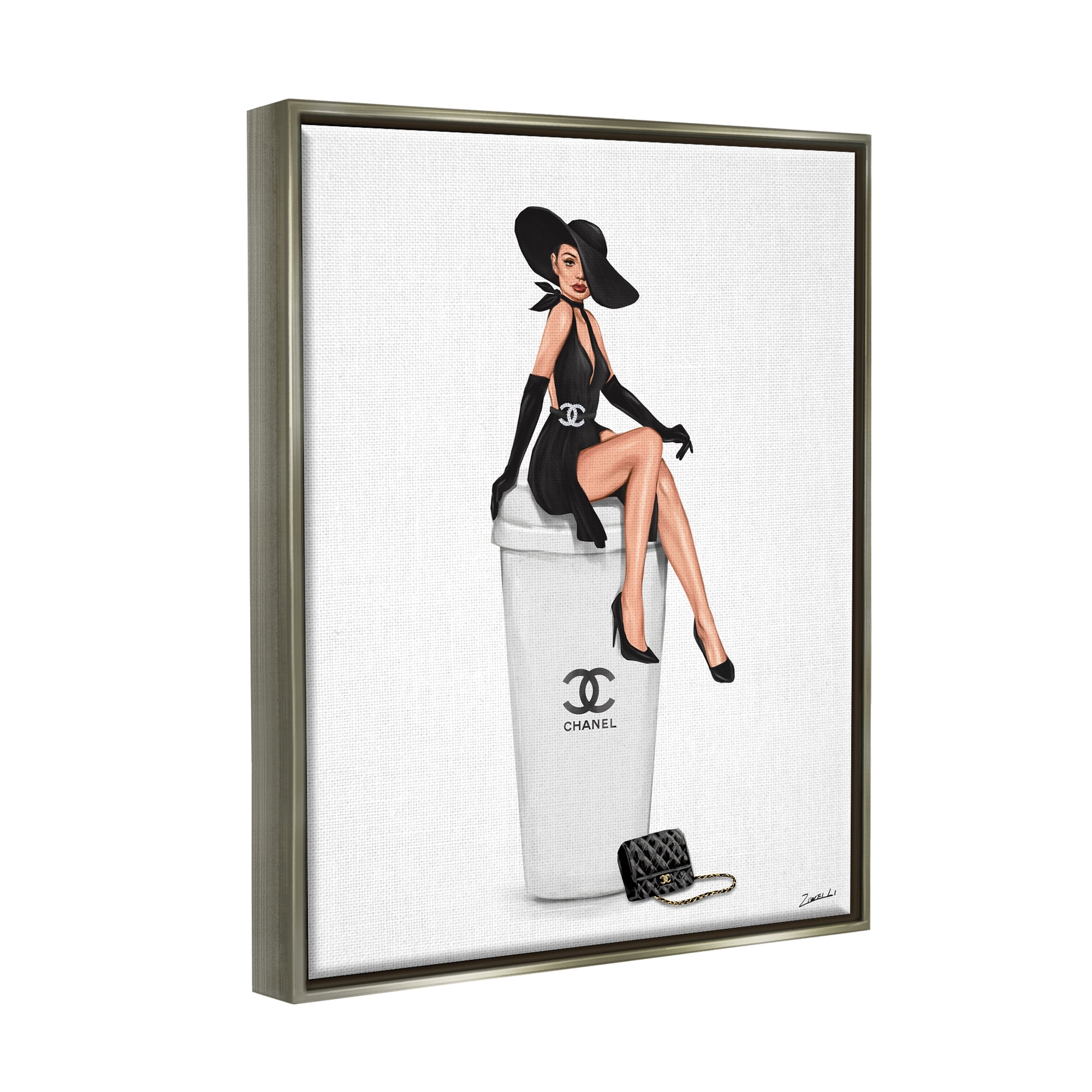 Stupell Industries Girl in Black Dress Fashion Food & Beverage Painting Gray Floater Framed Art Print Wall Art, 17 x 21