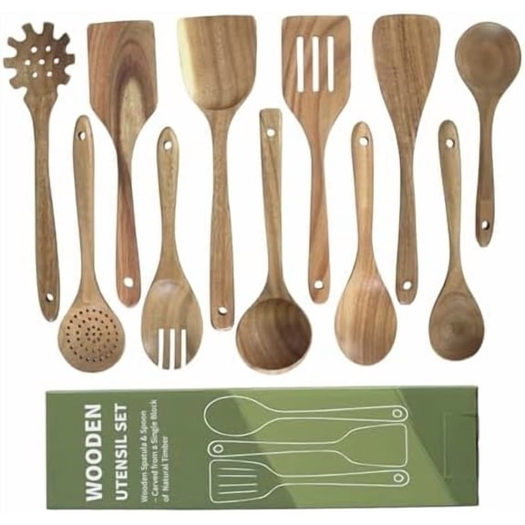 Wooden Utensils, 11 PCS Natural Acacia Wooden Spoons & Kitchen Utensils Set, Non-Stick Spatula Ladle Serving Spoon for Baking Stirring Cooking$$Home Decor, Kitchen, & Other